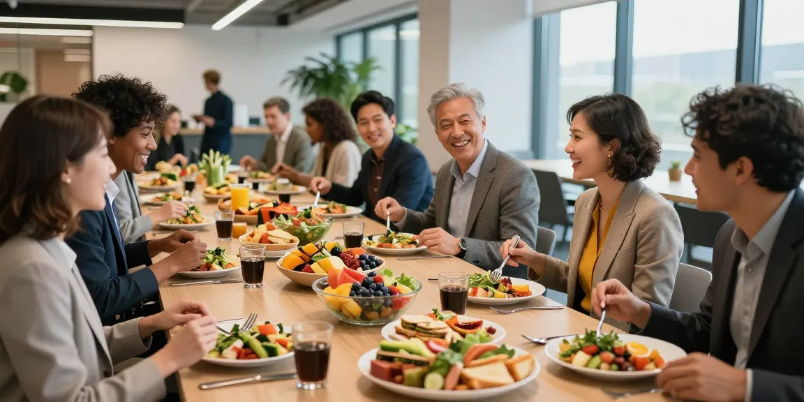 Medewerkers genieten van bedrijfscatering met mediterrane gerechten van de bedrijfscateraar in een moderne kantoorruimte.