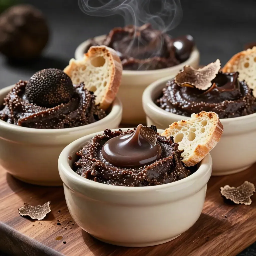 Truffeltapenade in drie potten met broodkorst en truffelschaafsel op donker hout.