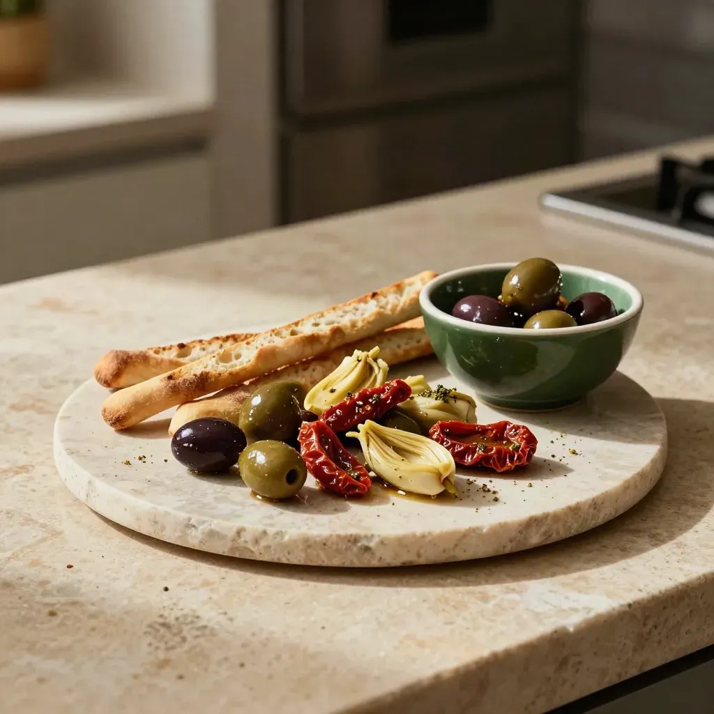 Mediterrane delicatessen op kalksteen met olijven, zontomaat, artisjok en broodstengels.