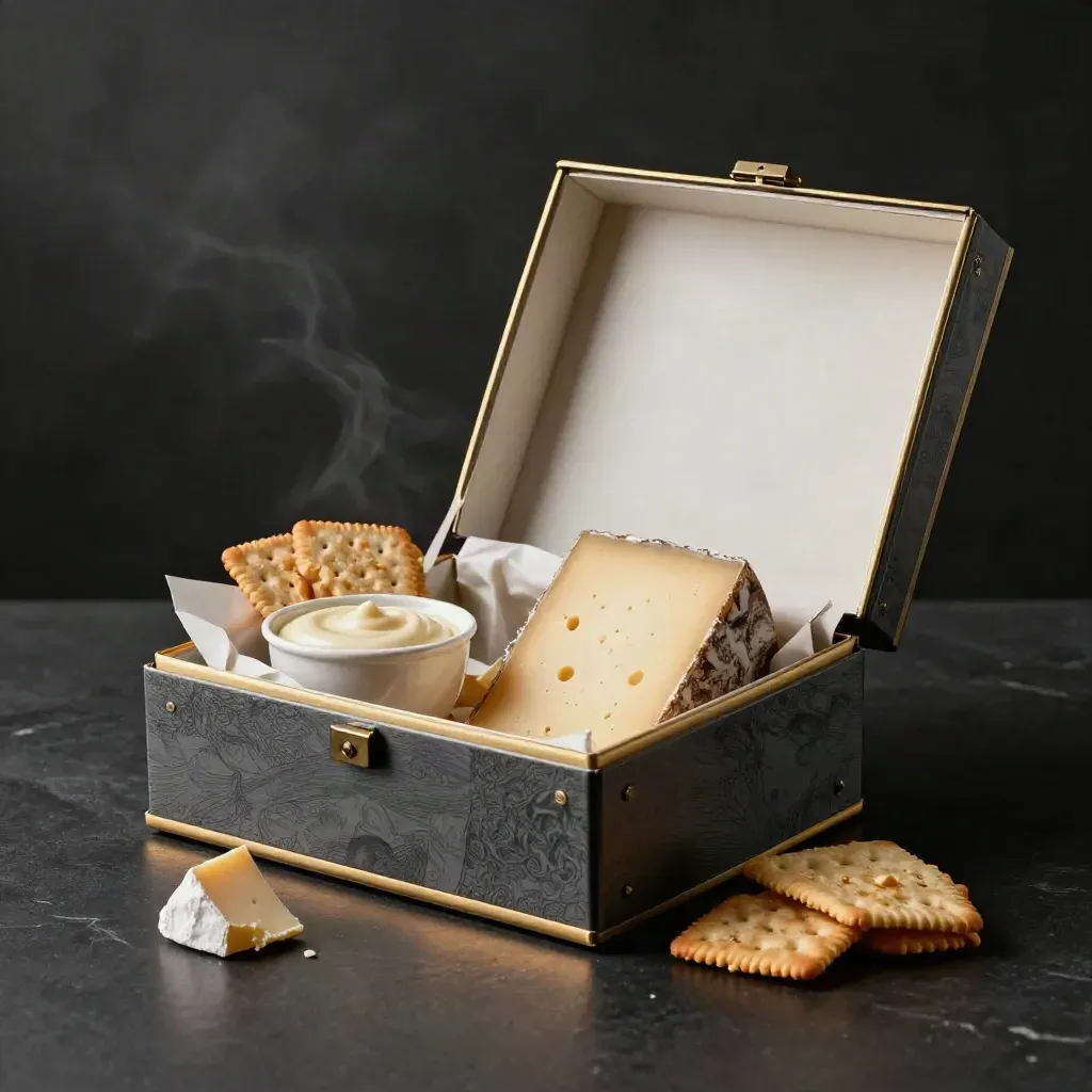 Open luxe borrelcadeaubox met kaas, dip en crackers op donkere steen in dramatisch licht.