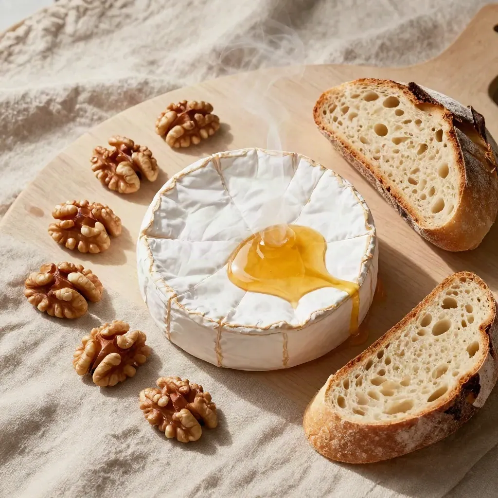 Brie met truffelhoning, walnoten en brood op linnen van boven gefotografeerd.