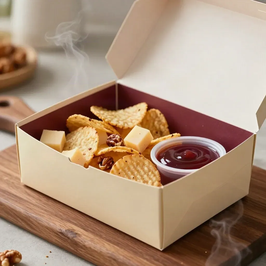 Halfopen snackbox met chips, kaasblokjes, noten en dip, warm belicht van dichtbij.