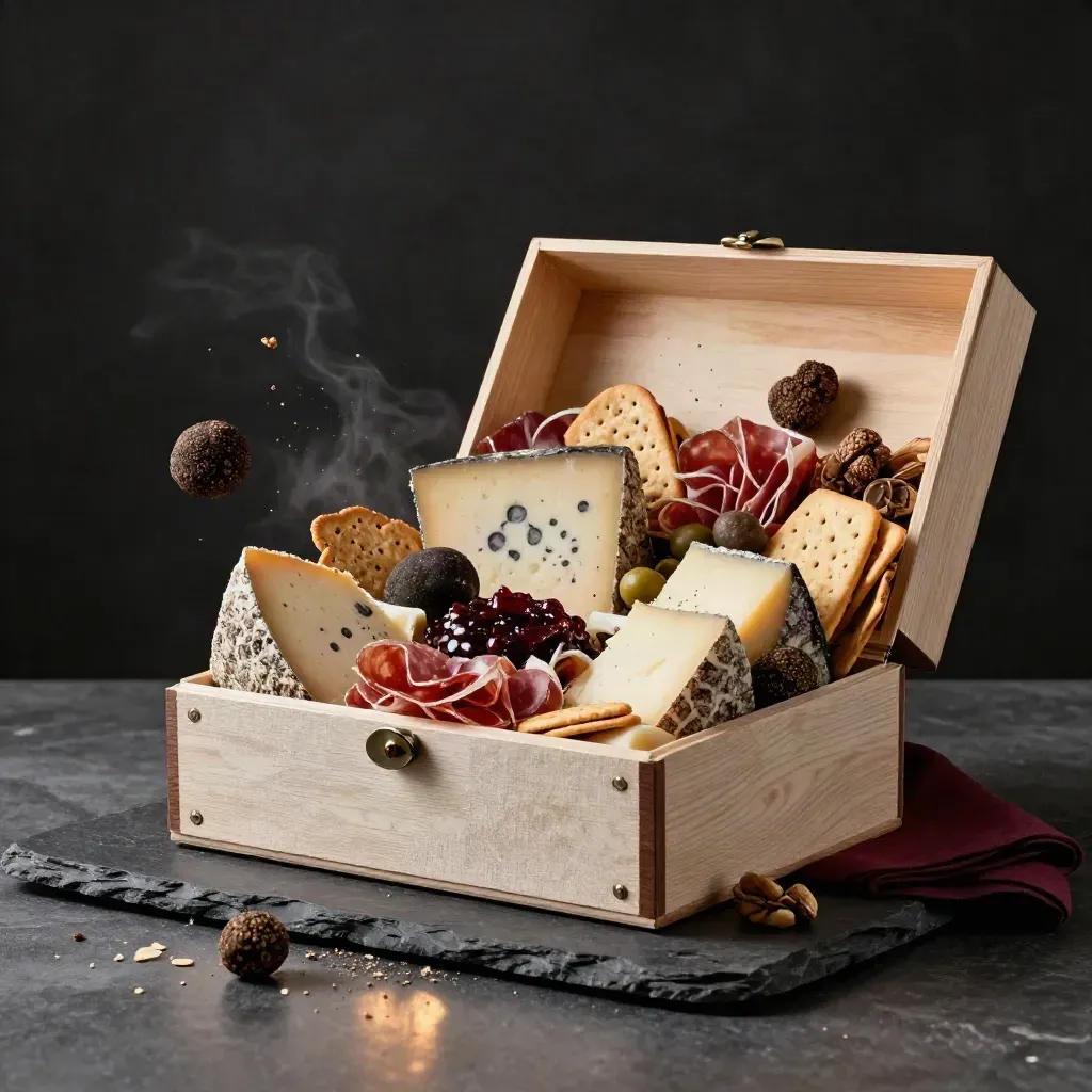 Open feestbox met truffel, kaas, vlees en tapenade op donkere steen, luxe borrelgevoel.