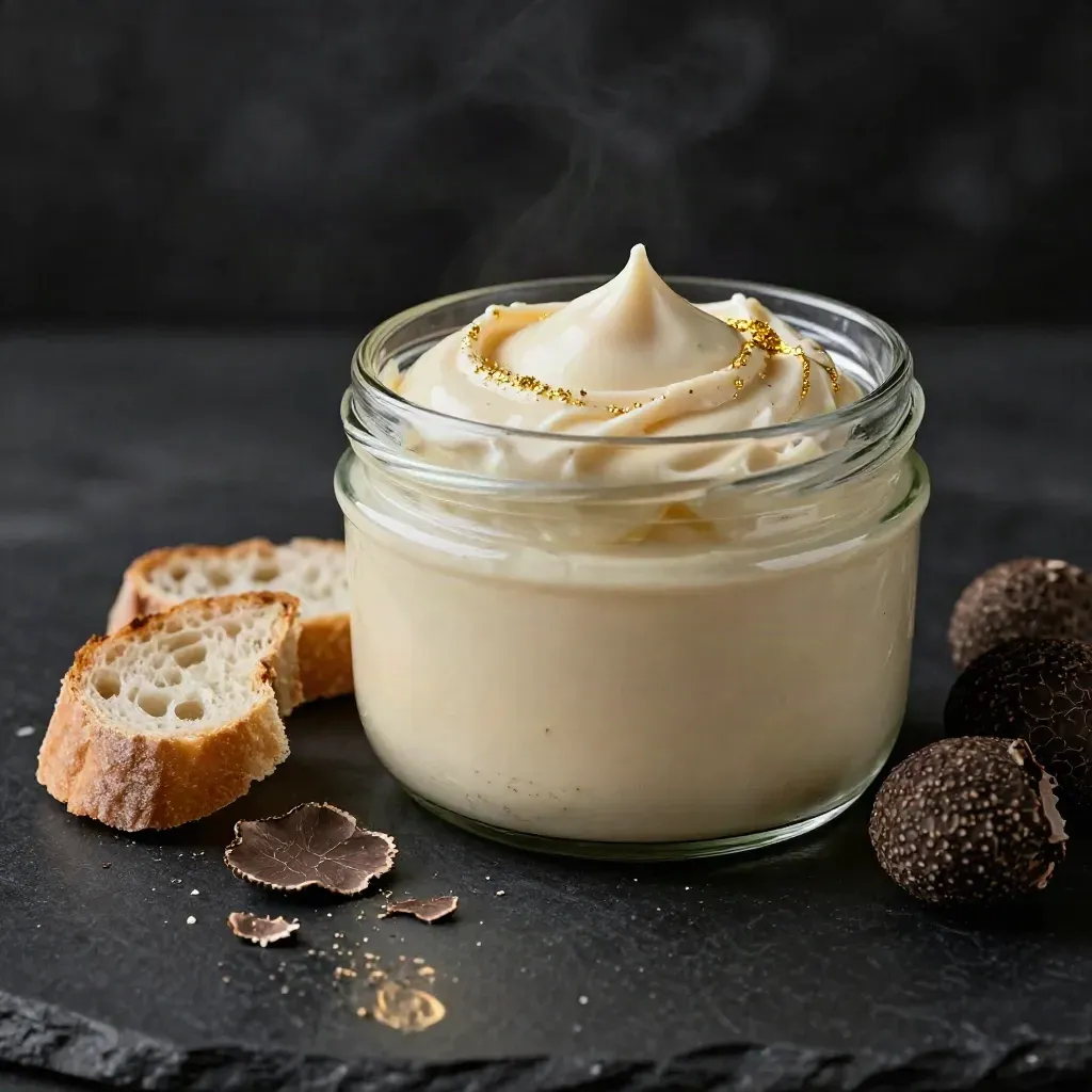 Glazen pot truffelmayonaise met brood en truffelschaafsel op donkere steen